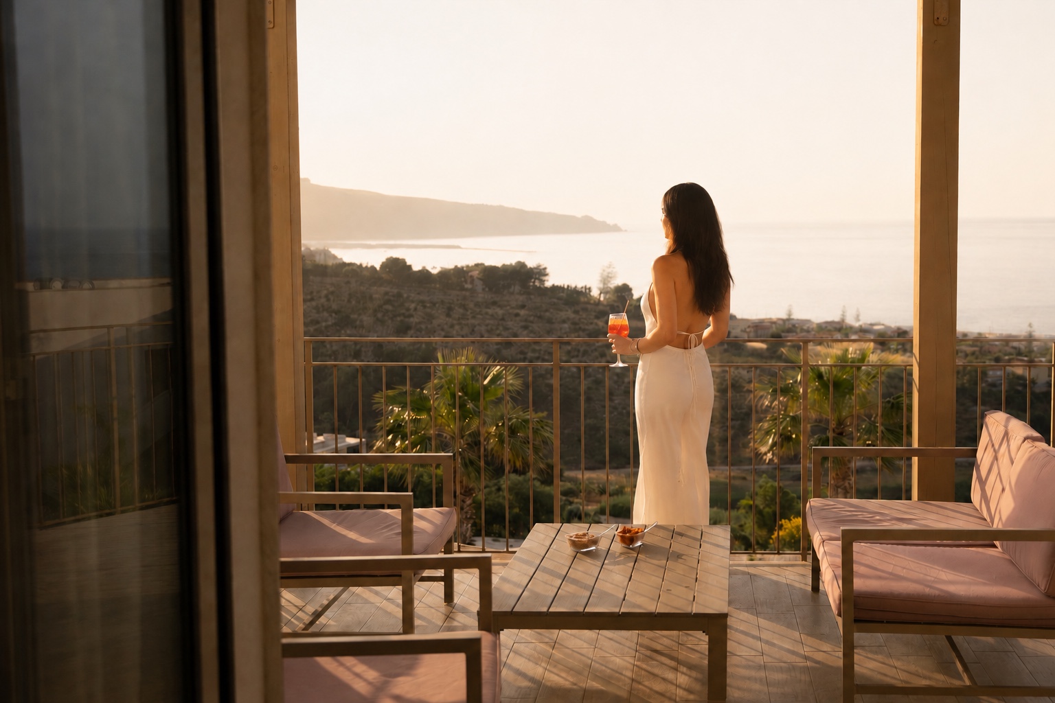 Ein Glas auf der Terrasse von La Blanca mit Blick auf den Golf