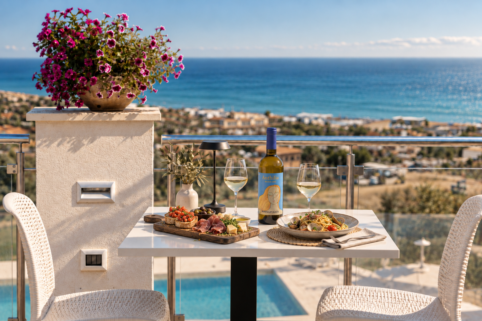 Gedeckter Tisch auf der Bistrot-Terrasse mit Blick auf den Golf von Castellammare