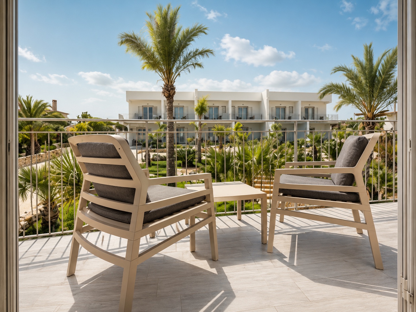 Balkon des Comfort-Zimmers mit Gartenblick im La Blanca Resort