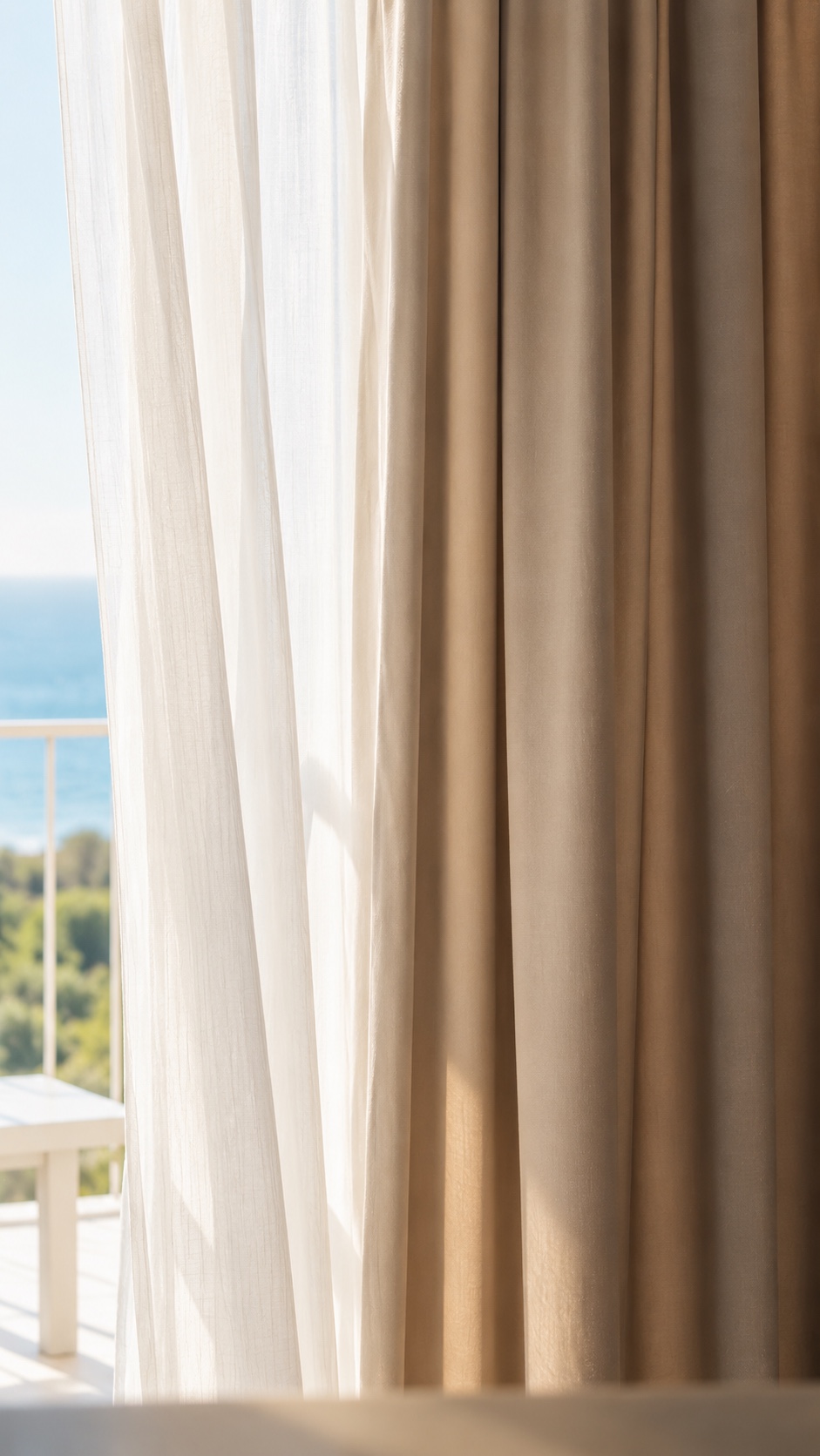 Leichte Vorhänge vor der Terrasse mit Meerblick