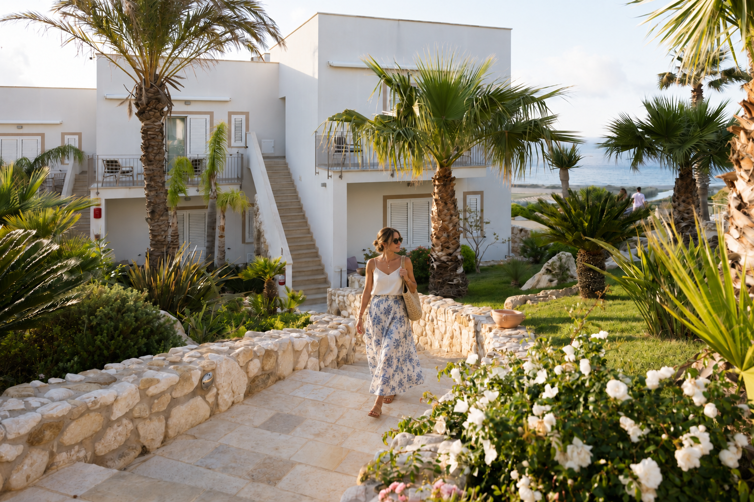 Gast zwischen den Zimmern und dem Garten von La Blanca Resort