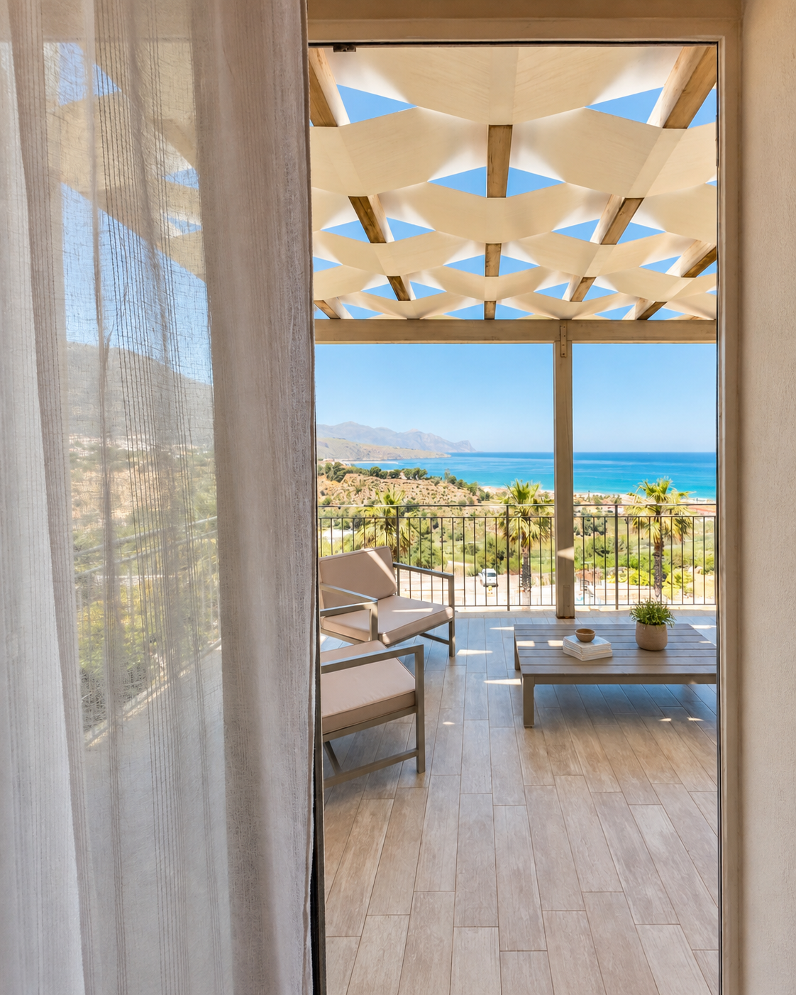 Private Terrasse mit Blick auf den Golf, vom Zimmer aus gesehen